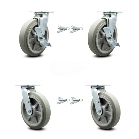 Service Caster 8 Inch Thermoplastic Rubber Caster Set with Ball Bearings 4 Swivel Lock 2 Brake SCC-30CS820-TPRBF-TLB-BSL-2-BSL-2